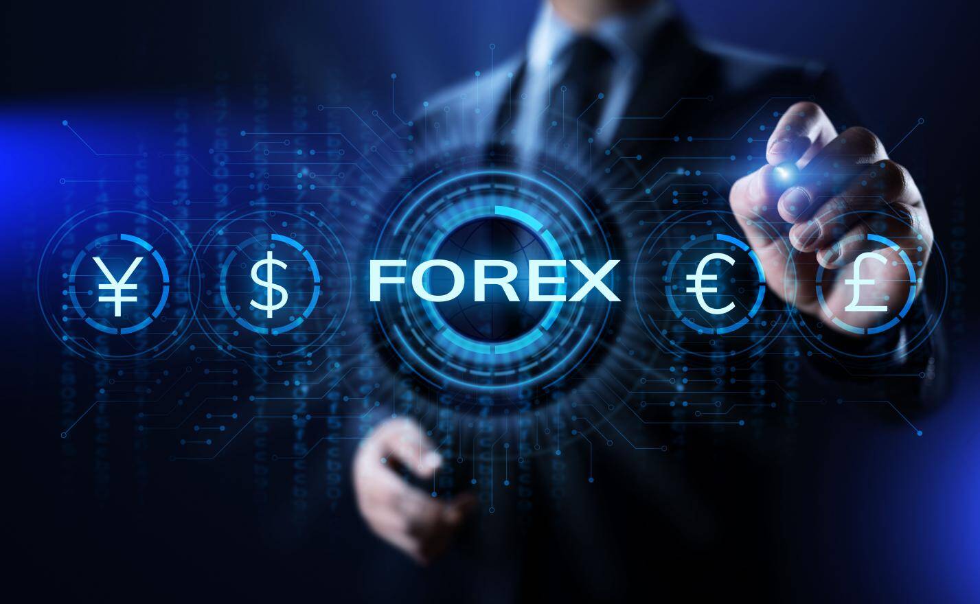 Forex trading technology interface with global currency symbols
